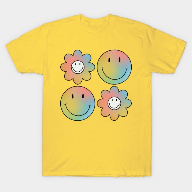 Psychedelic Flowers & Smileys T-Shirt by gnomeapple